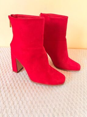 Red Suede Block Heel Ankle Boots - Women's Fashion Booties